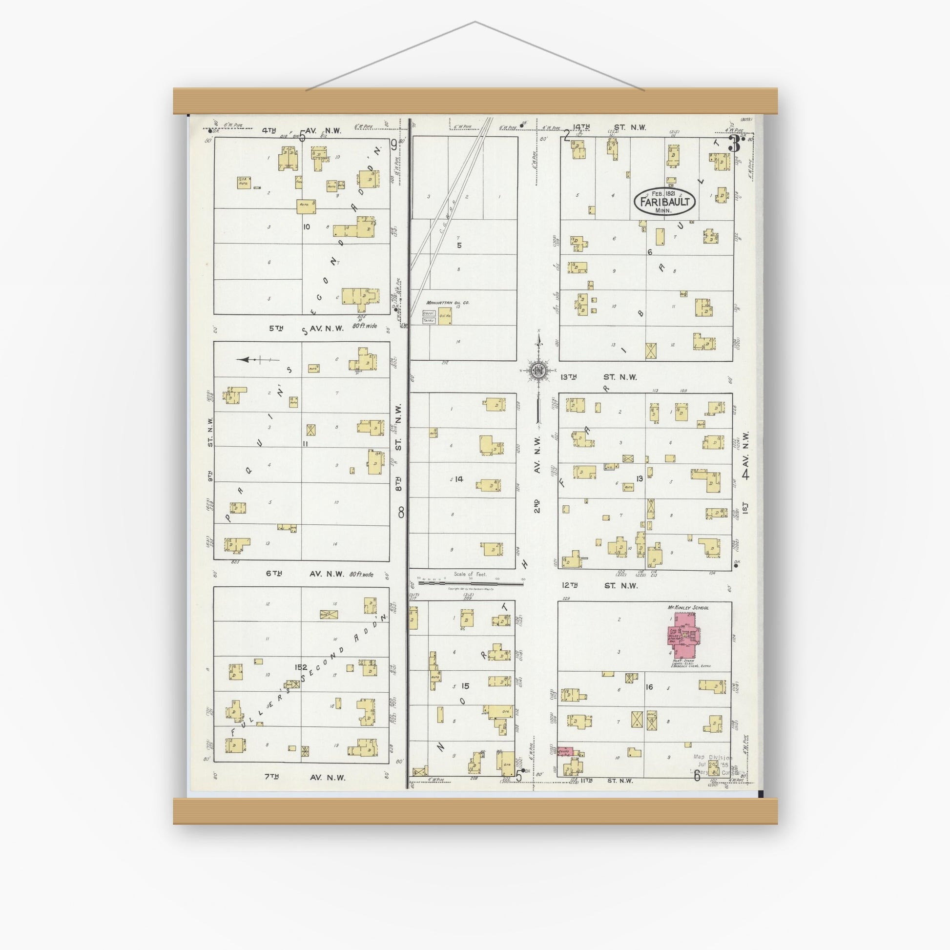 Old map wall art mockup — magnetic wood frame on white wall — Sanborn Fire Insurance Map from Faribault, Rice County, Minnesota (1921), Sheet #0003