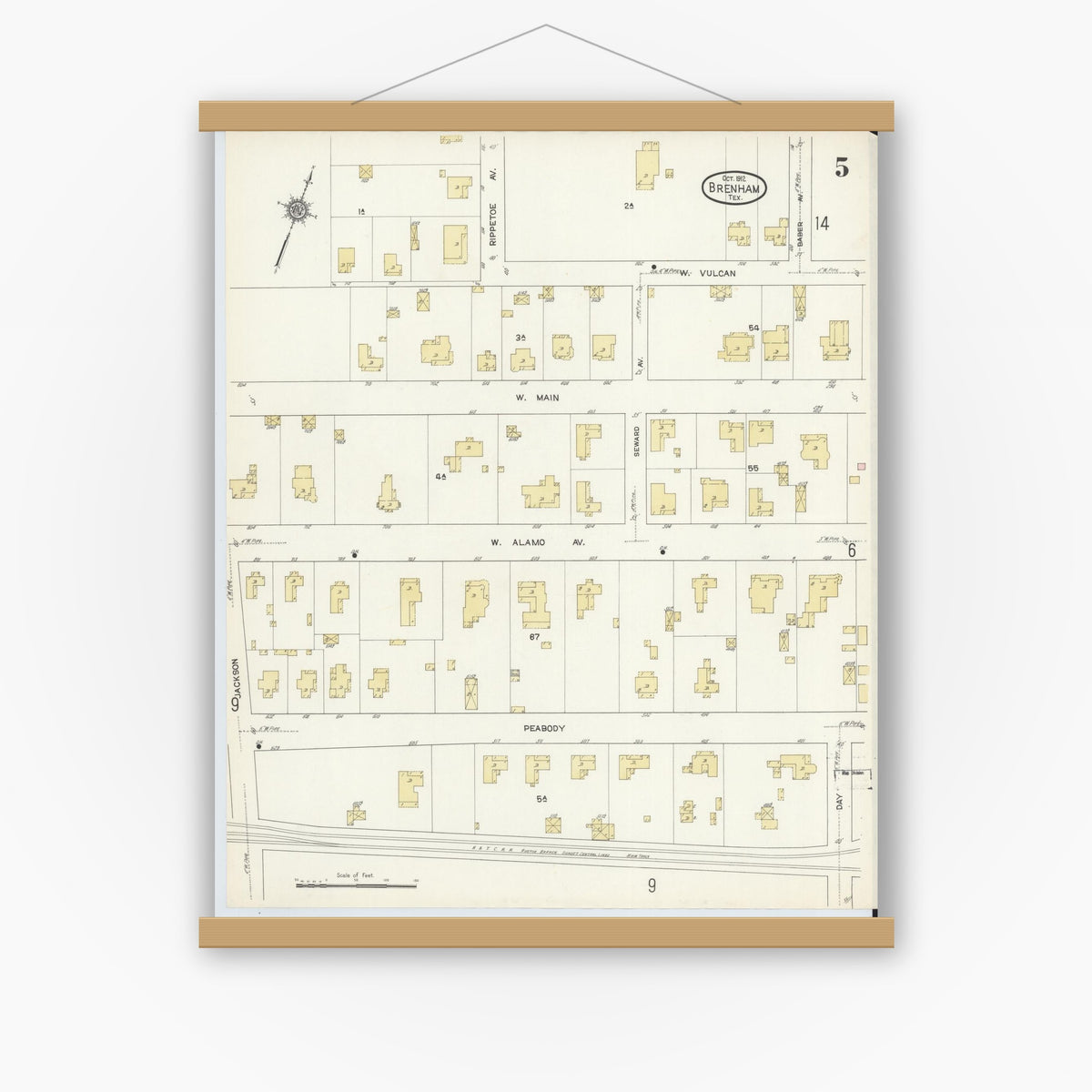 Old map wall art mockup — magnetic wood frame on white wall — Sanborn Fire Insurance Map from Brenham, Washington County, Texas (1912), Sheet #0005