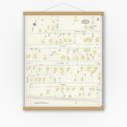 Old map wall art mockup — magnetic wood frame on white wall — Sanborn Fire Insurance Map from Brenham, Washington County, Texas (1912), Sheet #0005