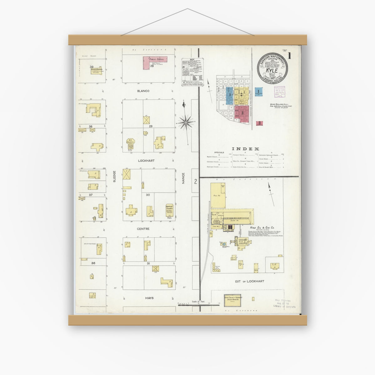 Old map wall art mockup — magnetic wood frame on white wall — Sanborn Fire Insurance Map from Kyle, Hays County, Texas (1907), Sheet #0001