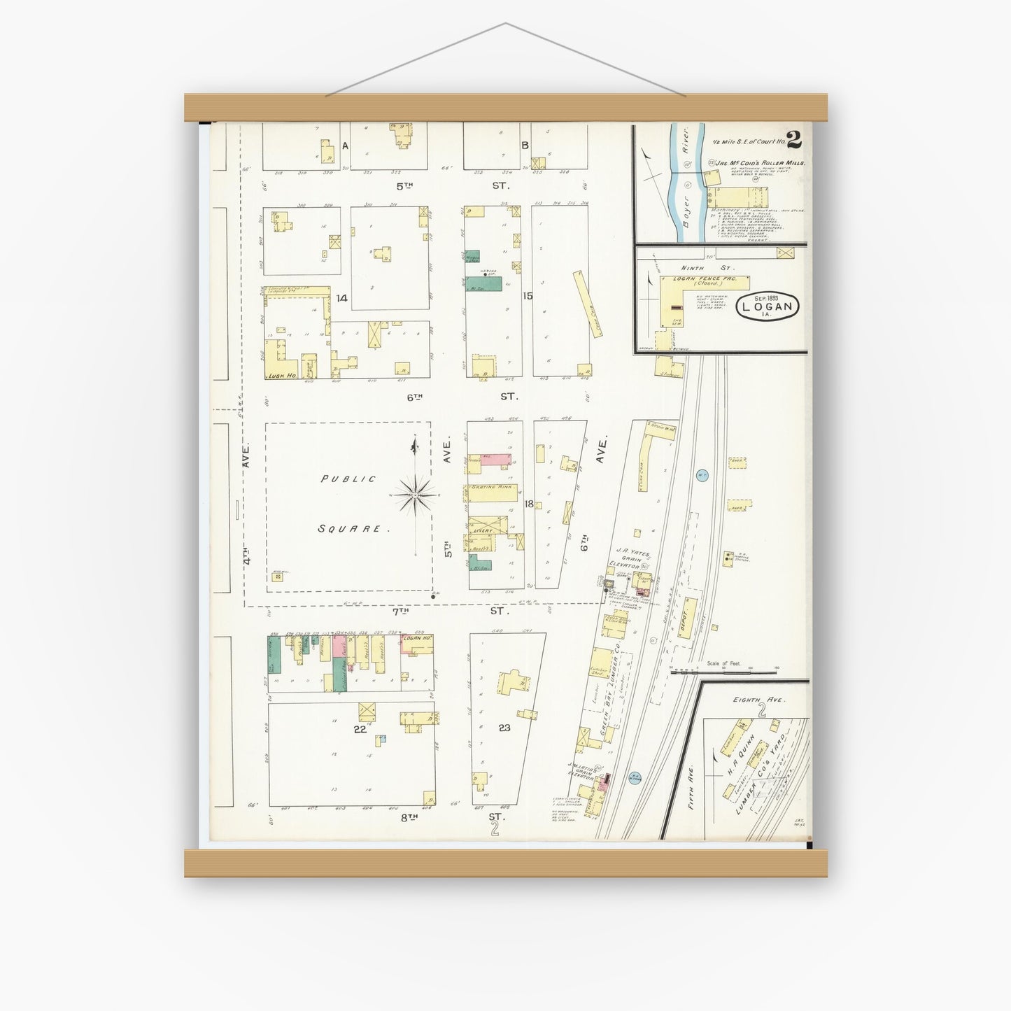 Old map wall art mockup — magnetic wood frame on white wall — Sanborn Fire Insurance Map from Logan, Harrison County, Iowa (1893), Sheet #0002