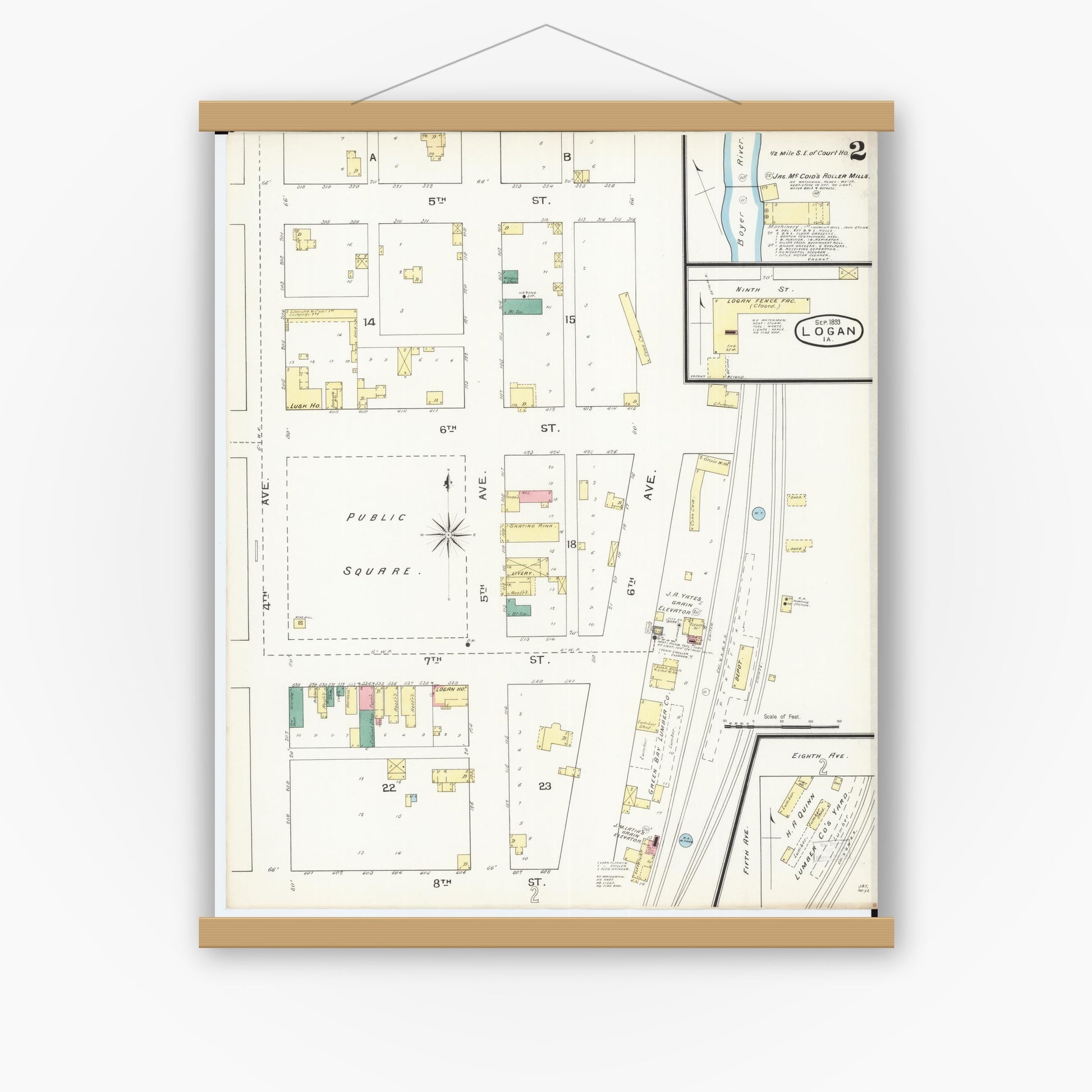 Old map wall art mockup — magnetic wood frame on white wall — Sanborn Fire Insurance Map from Logan, Harrison County, Iowa (1893), Sheet #0002