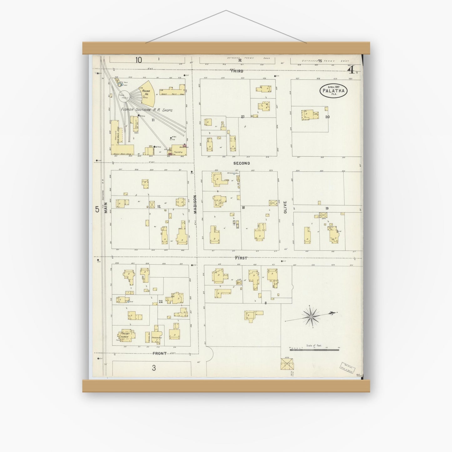 Old map wall art mockup — magnetic wood frame on white wall — Sanborn Fire Insurance Map from Palatka, Putnam County, Florida (1897), Sheet #0004