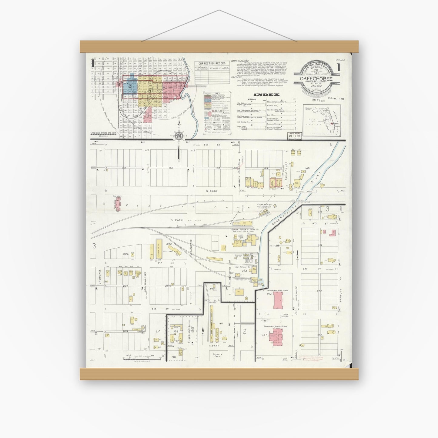 Old map wall art mockup — magnetic wood frame on white wall — Sanborn Fire Insurance Map from Okeechobee, Okeechobee County, Florida (1933) - Complete Map Set