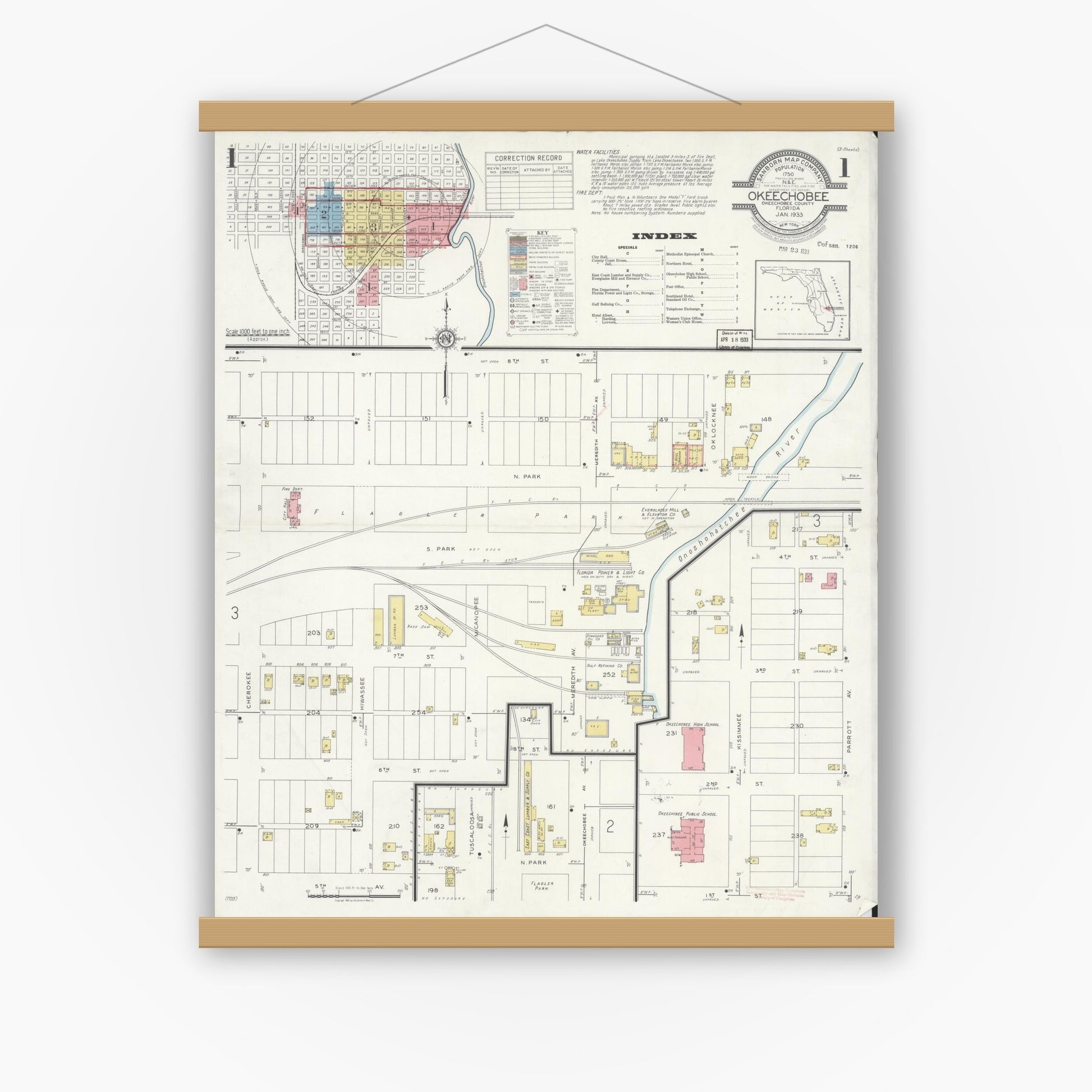 Old map wall art mockup — magnetic wood frame on white wall — Sanborn Fire Insurance Map from Okeechobee, Okeechobee County, Florida (1933) - Complete Map Set