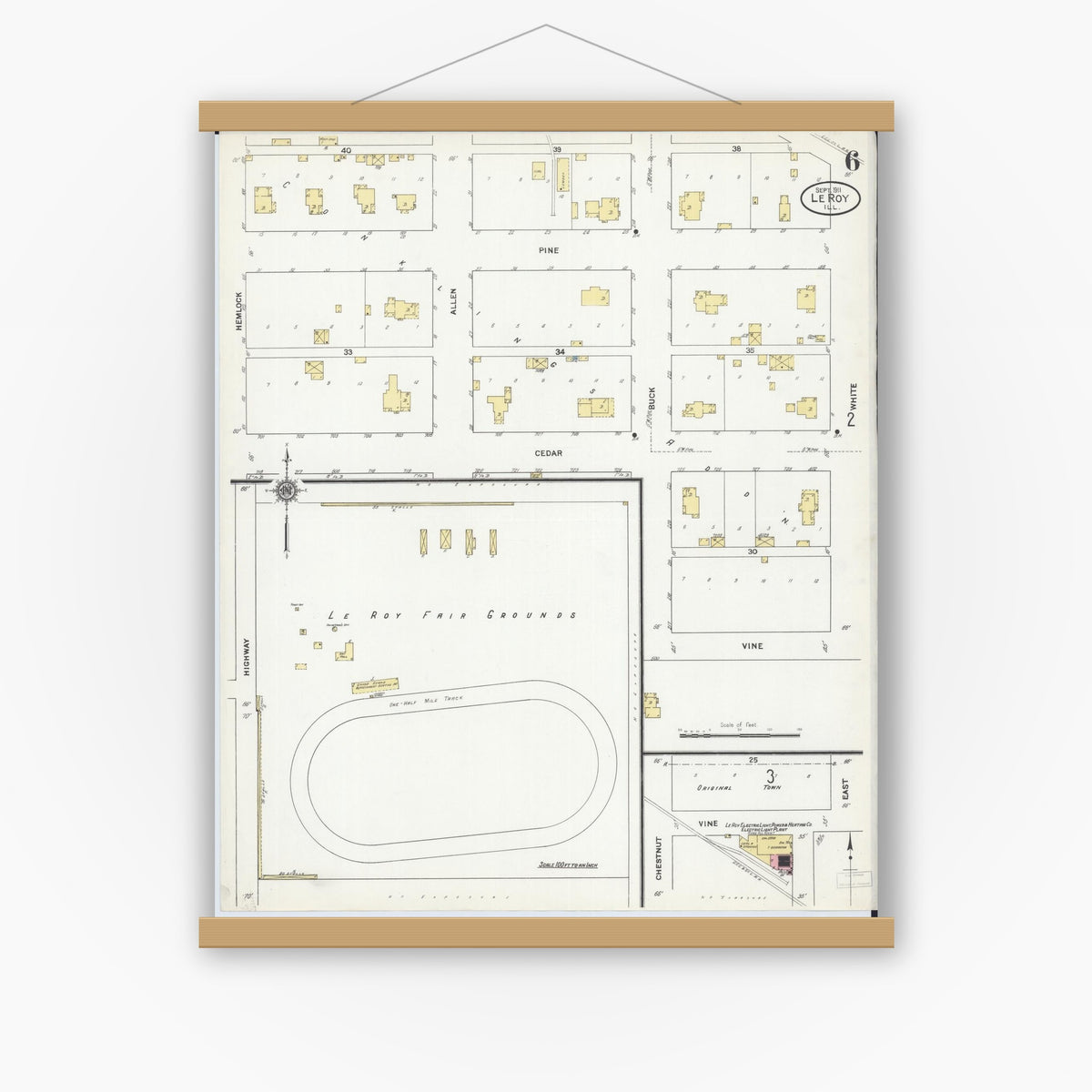 Old map wall art mockup — magnetic wood frame on white wall — Sanborn Fire Insurance Map from Leroy, McLean County, Illinois (1911), Sheet #0006