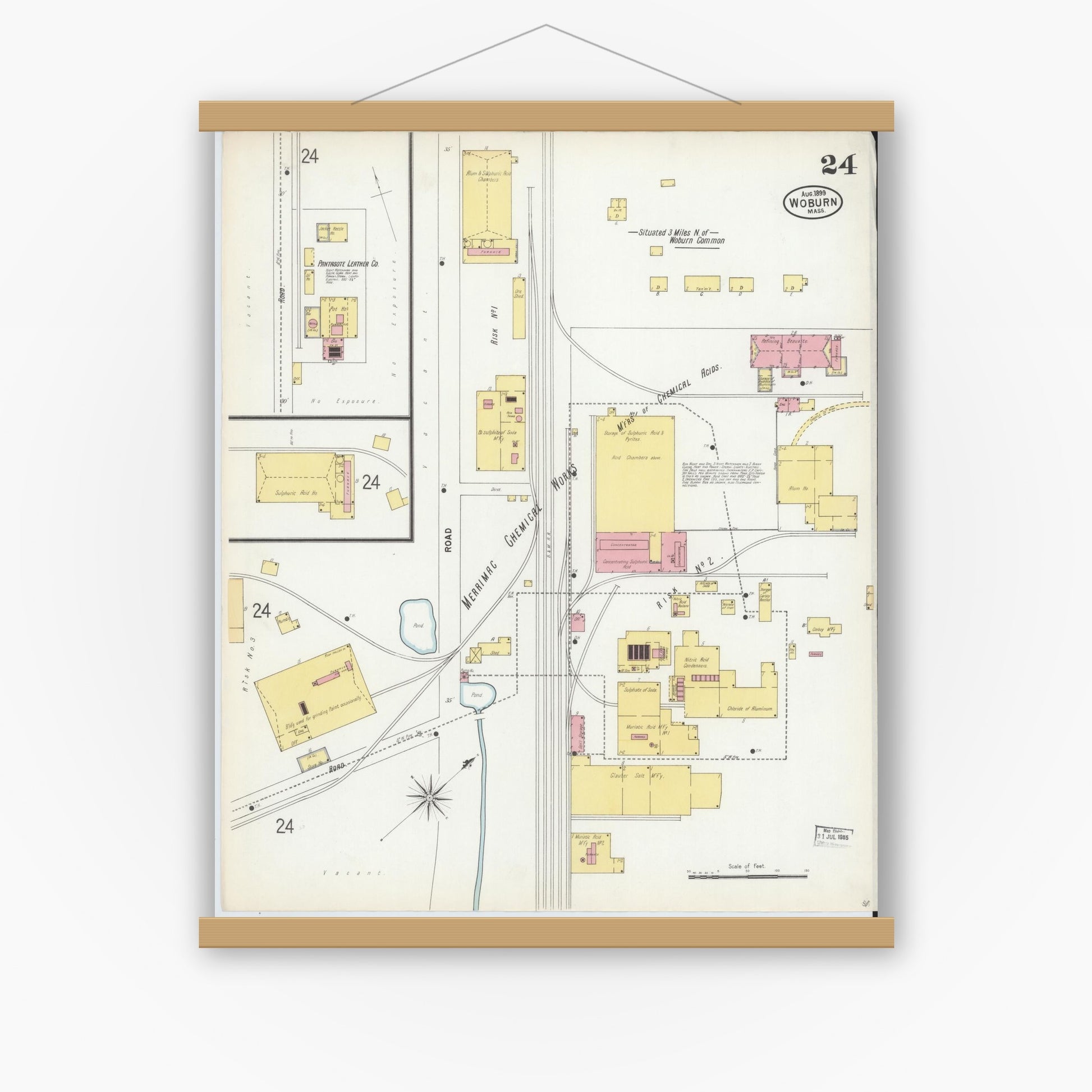 Old map wall art mockup — magnetic wood frame on white wall — Sanborn Fire Insurance Map from Woburn, Middlesex County, Massachusetts (1899), Sheet #0024