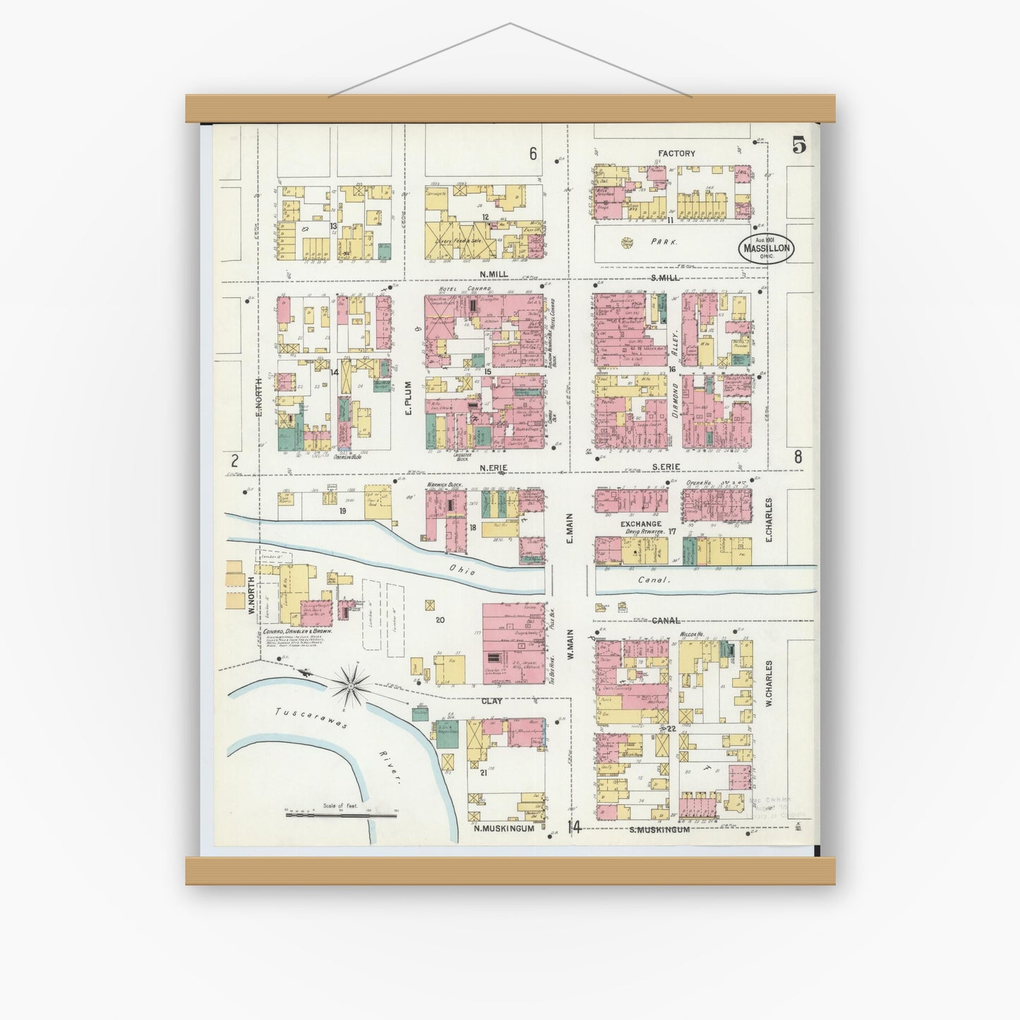 Old map wall art mockup — magnetic wood frame on white wall — Sanborn Fire Insurance Map from Massillon, Stark County, Ohio (1901), Sheet #0005