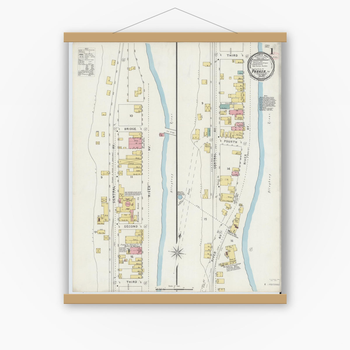 Old map wall art mockup — magnetic wood frame on white wall — Sanborn Fire Insurance Map from Parkers Landing, Armstrong County, Pennsylvania (1894), Sheet #0001
