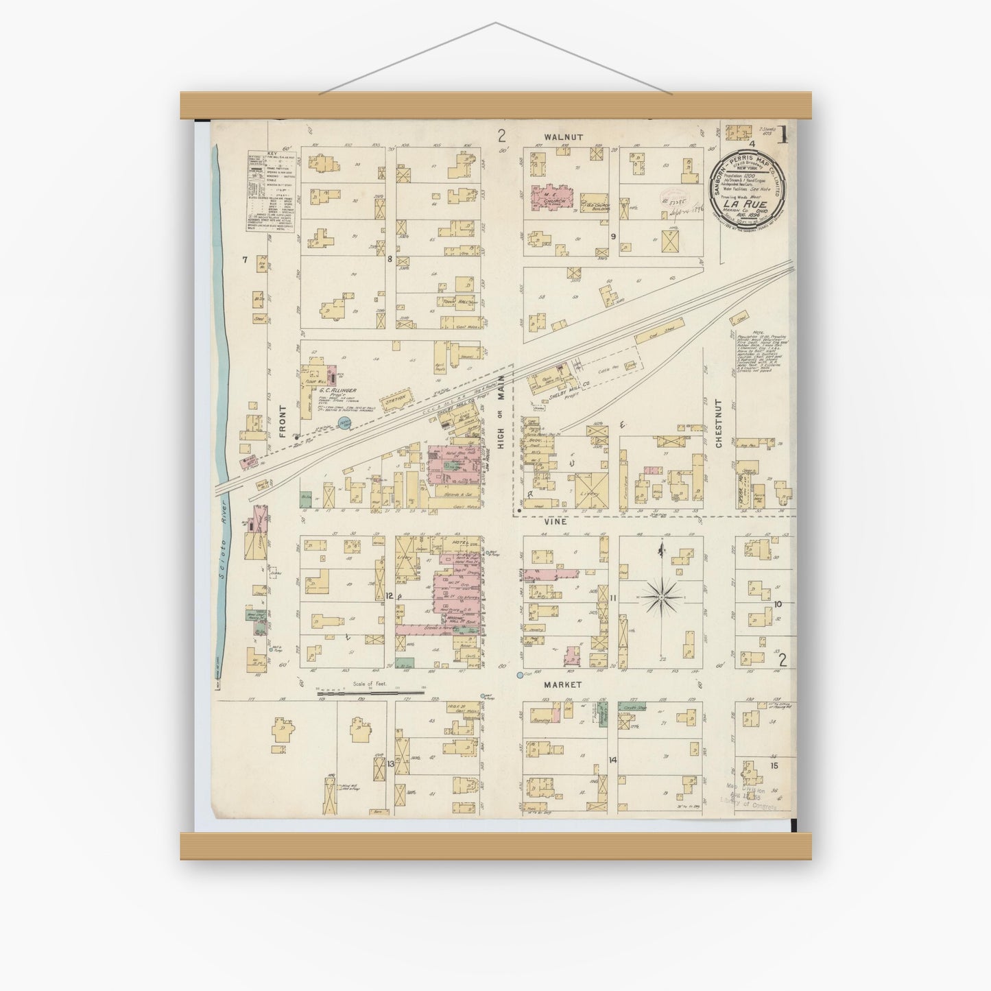 Old map wall art mockup — magnetic wood frame on white wall — Sanborn Fire Insurance Map from La Rue, Marion County, Ohio (1891), Sheet #0001