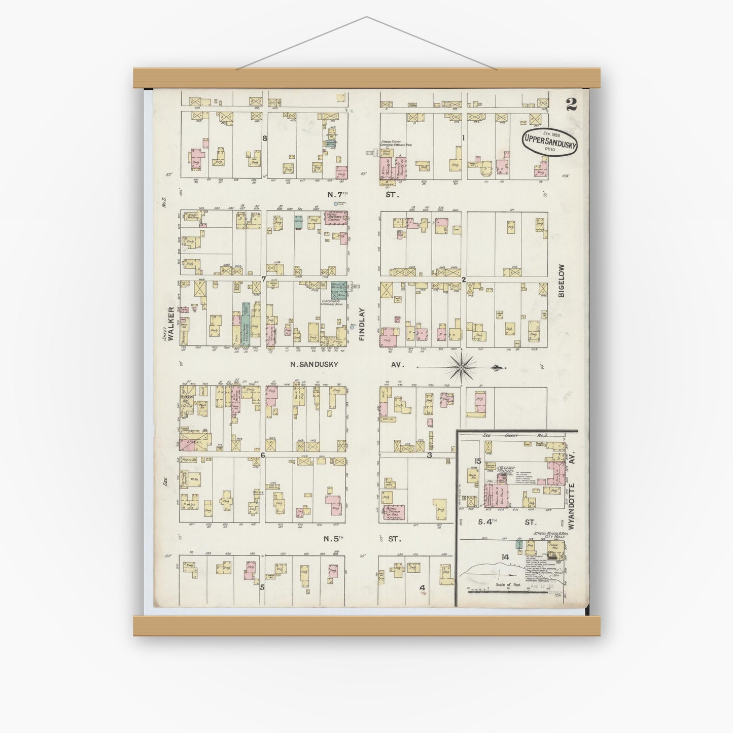 Old map wall art mockup — magnetic wood frame on white wall — Sanborn Fire Insurance Map from Upper Sandusky, Wyandot County, Ohio (1888), Sheet #0002