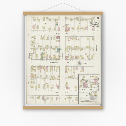 Old map wall art mockup — magnetic wood frame on white wall — Sanborn Fire Insurance Map from Upper Sandusky, Wyandot County, Ohio (1888), Sheet #0002