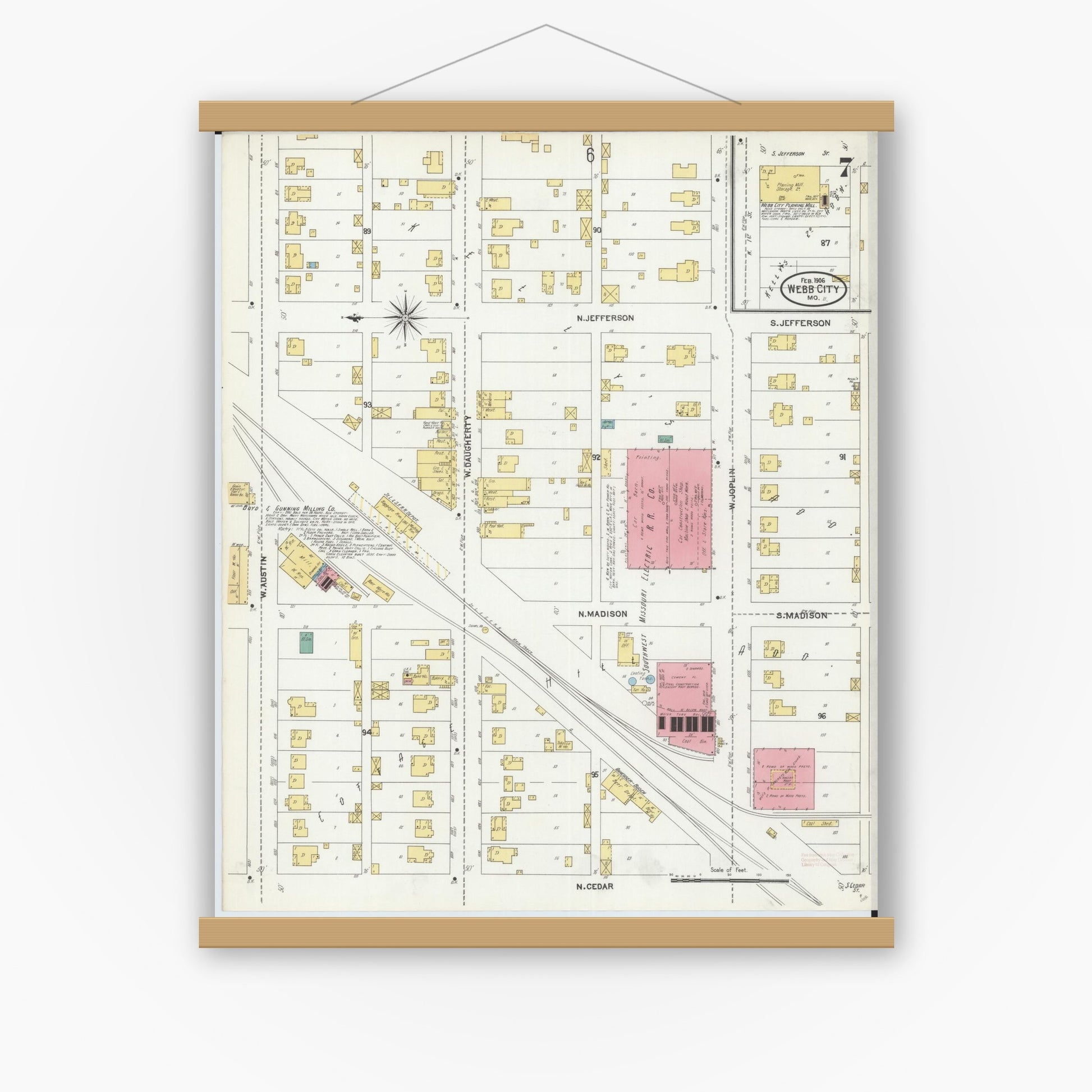 Old map wall art mockup — magnetic wood frame on white wall — Sanborn Fire Insurance Map from Webb City, Jasper County, Missouri (1906), Sheet #0007