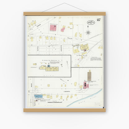 Old map wall art mockup — magnetic wood frame on white wall — Sanborn Fire Insurance Map from Marietta, Washington County, Ohio (1907), Sheet #0027