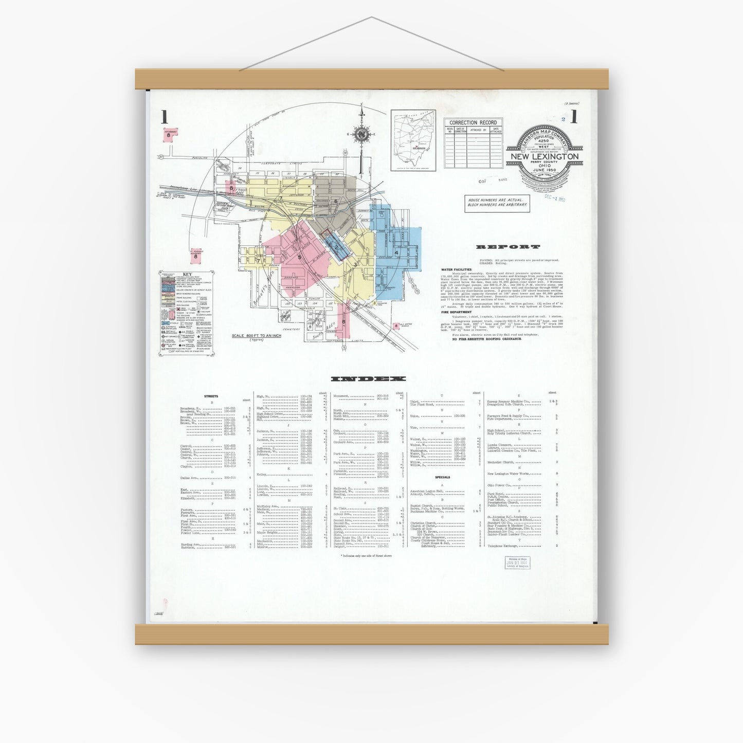 Old map wall art mockup — magnetic wood frame on white wall — Sanborn Fire Insurance Map from New Lexington, Perry County, Ohio (1950) - Complete Map Set