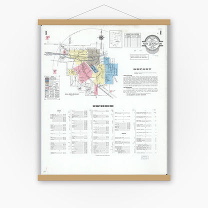 Old map wall art mockup — magnetic wood frame on white wall — Sanborn Fire Insurance Map from New Lexington, Perry County, Ohio (1950) - Complete Map Set