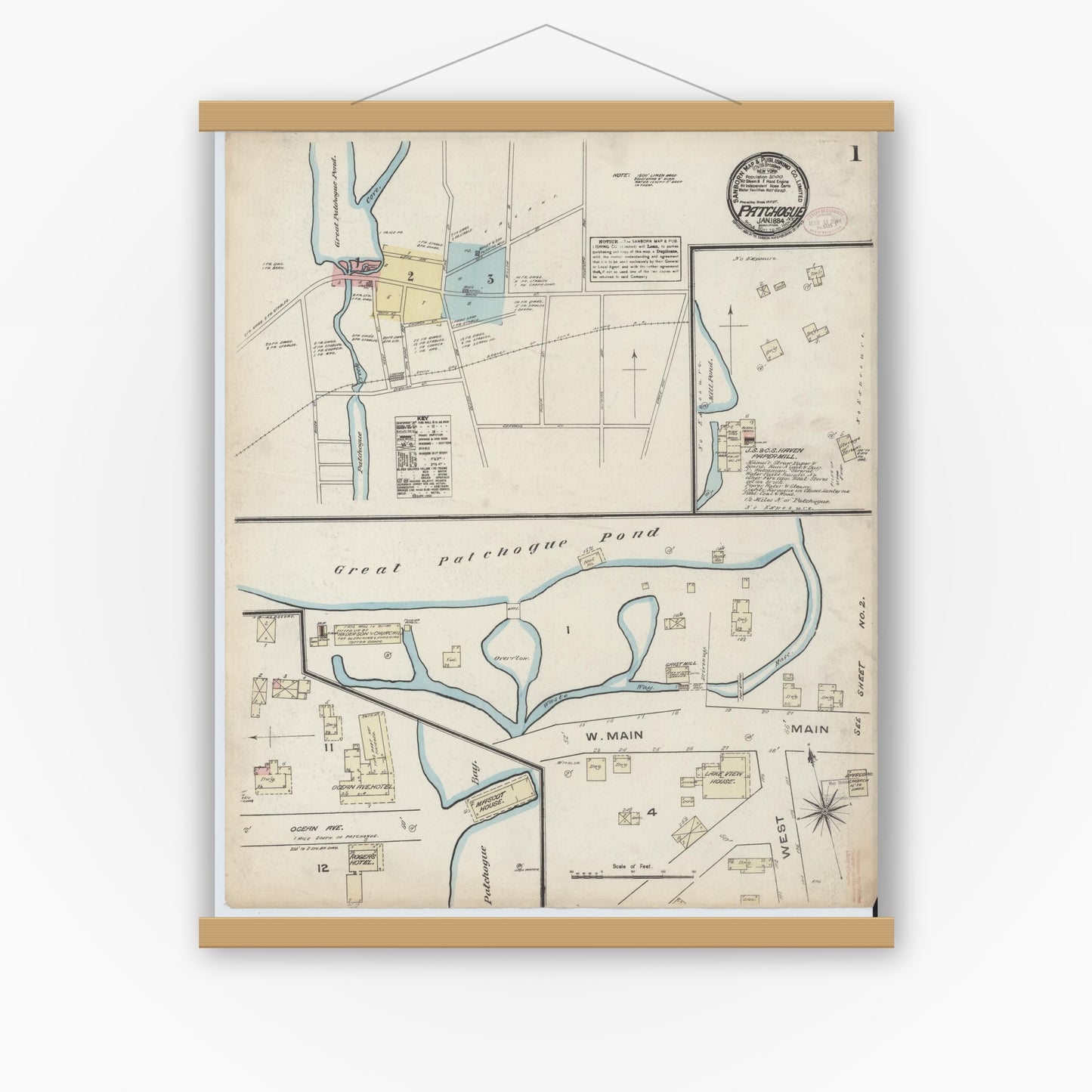 Old map wall art mockup — magnetic wood frame on white wall — Sanborn Fire Insurance Map from Patchogue, Suffolk County, New York (1884), Sheet #0001
