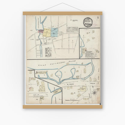 Old map wall art mockup — magnetic wood frame on white wall — Sanborn Fire Insurance Map from Patchogue, Suffolk County, New York (1884), Sheet #0001
