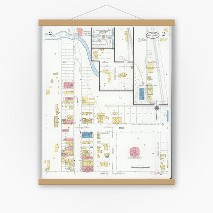 Old map wall art mockup — magnetic wood frame on white wall — Sanborn Fire Insurance Map from Bellaire, Antrim County, Michigan (1929), Sheet #0002