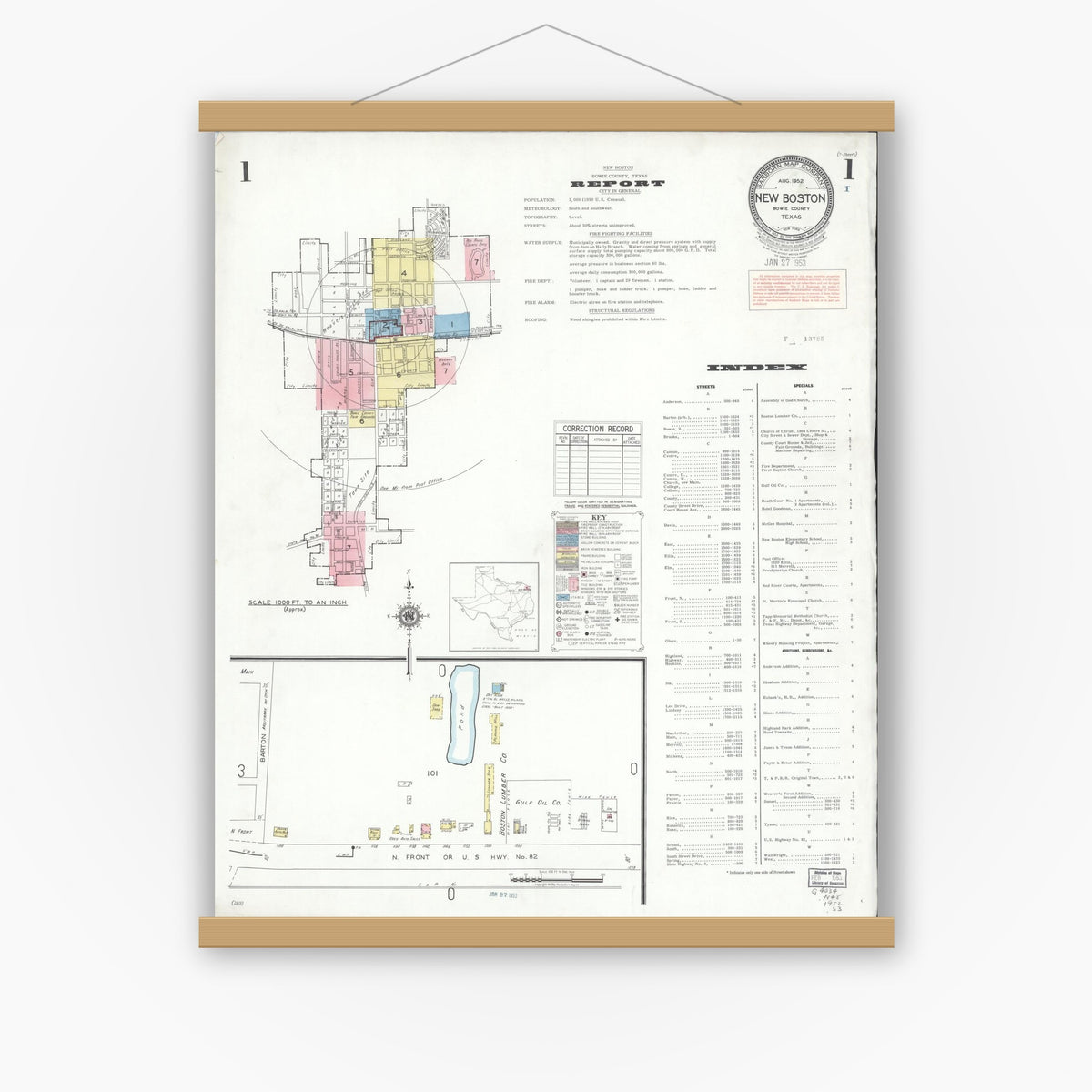 Old map wall art mockup — magnetic wood frame on white wall — Sanborn Fire Insurance Map from New Boston, Bowie County, Texas (1952), Sheet #0001