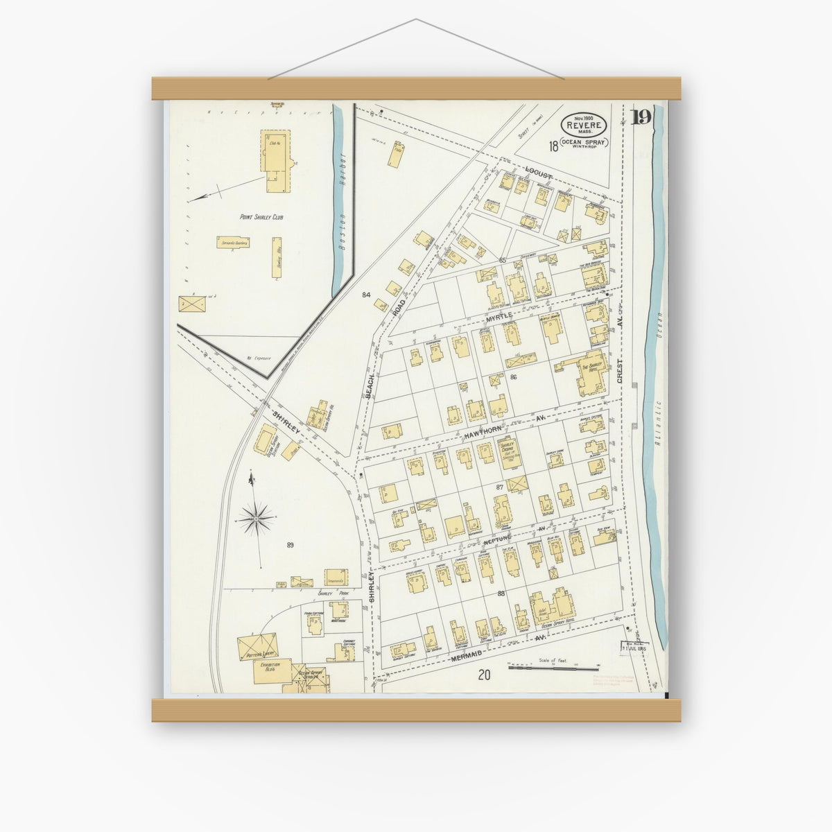 Old map wall art mockup — magnetic wood frame on white wall — Sanborn Fire Insurance Map from Revere, Suffolk County, Massachusetts (1900), Sheet #0019