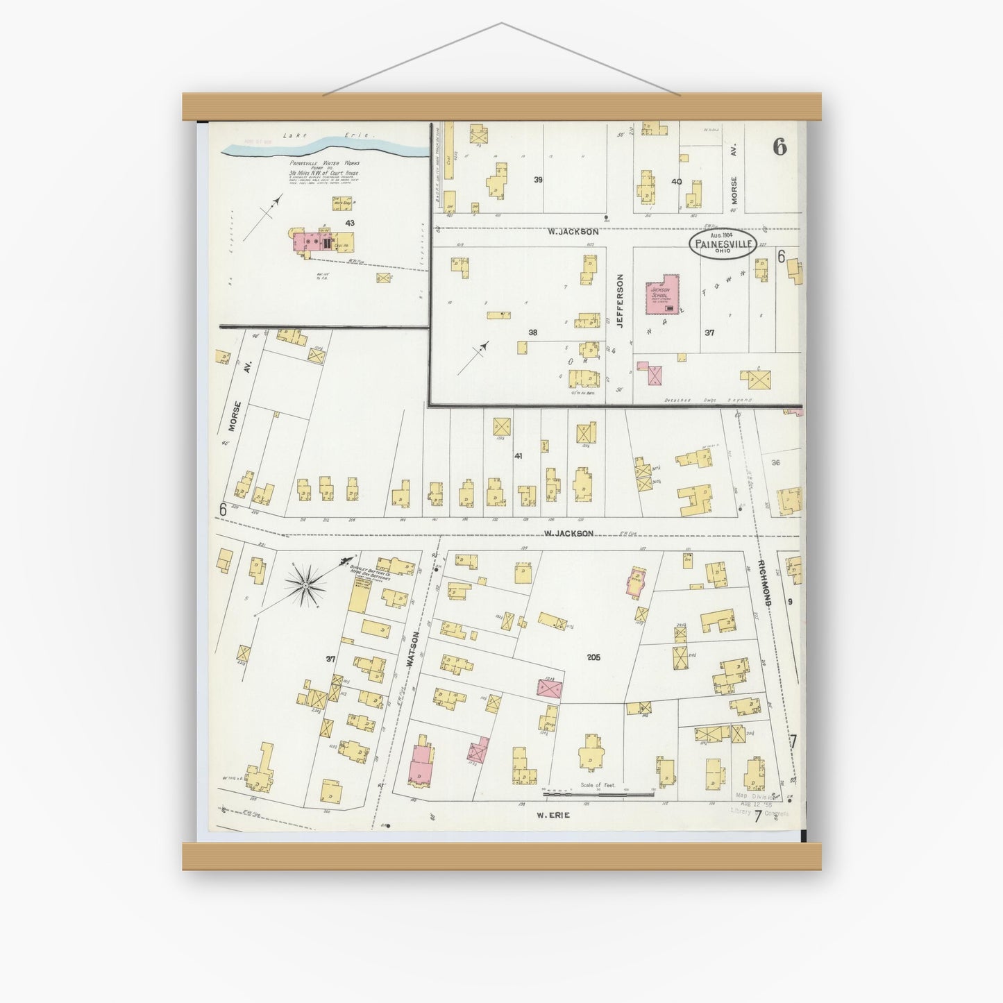 Old map wall art mockup — magnetic wood frame on white wall — Sanborn Fire Insurance Map from Painesville, Lake County, Ohio (1904), Sheet #0006