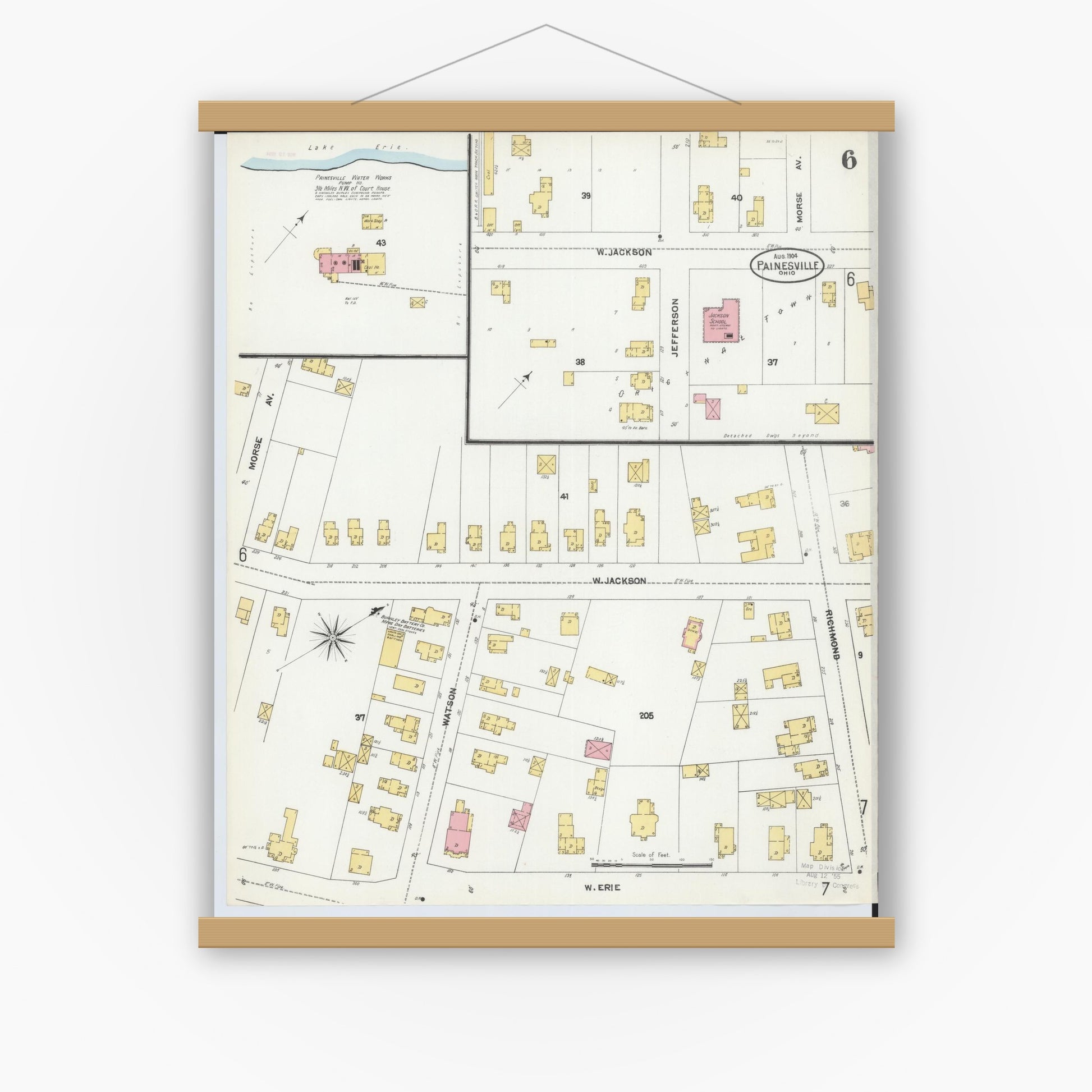 Old map wall art mockup — magnetic wood frame on white wall — Sanborn Fire Insurance Map from Painesville, Lake County, Ohio (1904), Sheet #0006