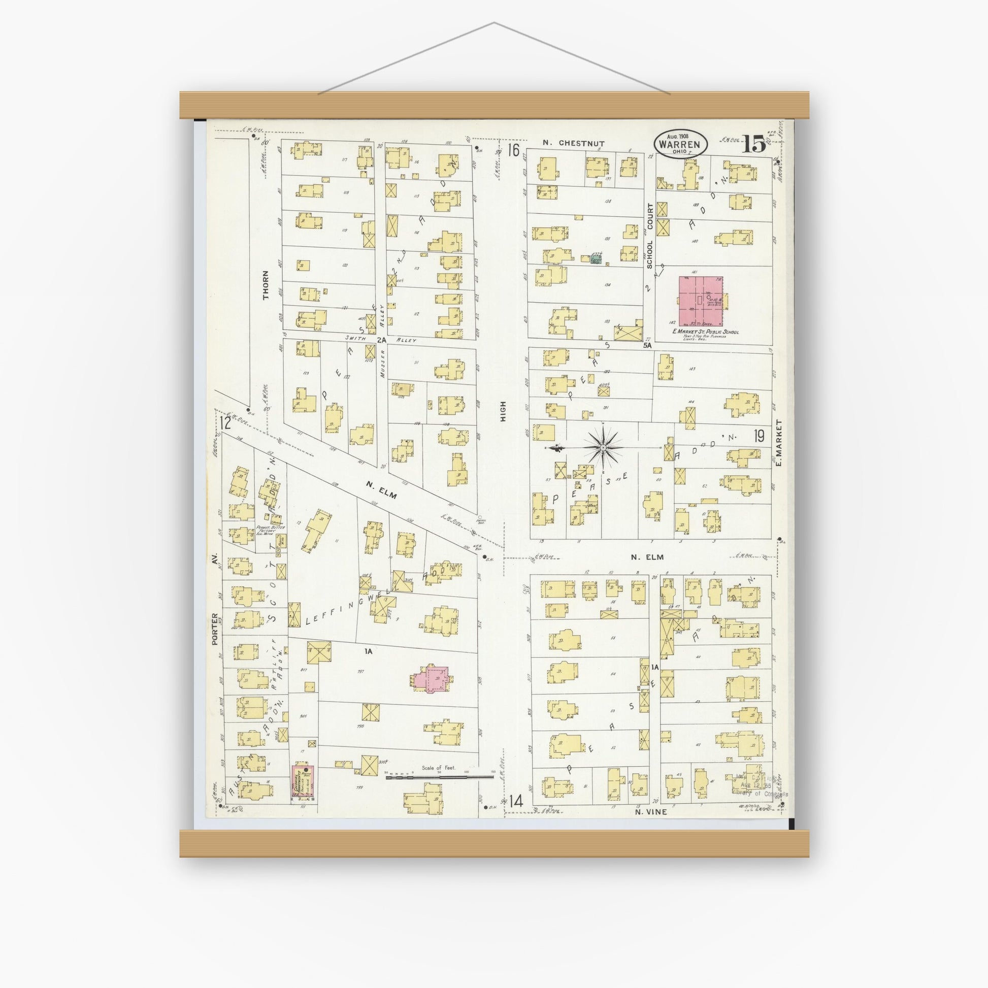 Old map wall art mockup — magnetic wood frame on white wall — Sanborn Fire Insurance Map from Warren, Trumbull County, Ohio (1908), Sheet #0015