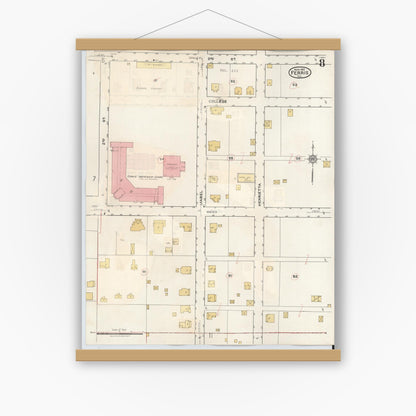 Old map wall art mockup — magnetic wood frame on white wall — Sanborn Fire Insurance Map from Ferris, Ellis County, Texas (1941), Sheet #0008