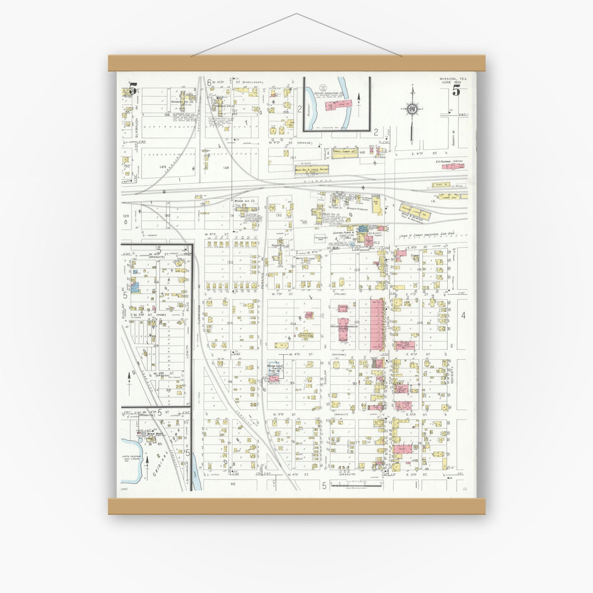 Old map wall art mockup — magnetic wood frame on white wall — Sanborn Fire Insurance Map from Mission, Hidalgo County, Texas (1933), Sheet #0005