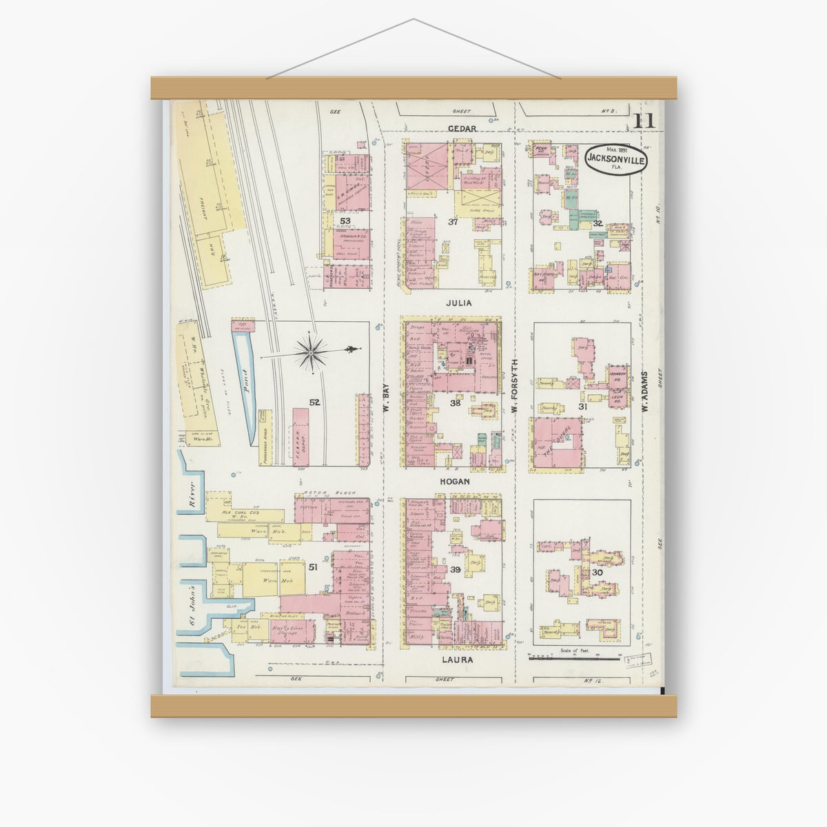 Old map wall art mockup — magnetic wood frame on white wall — Sanborn Fire Insurance Map from Jacksonville, Duval County, Florida (1891), Sheet #0011