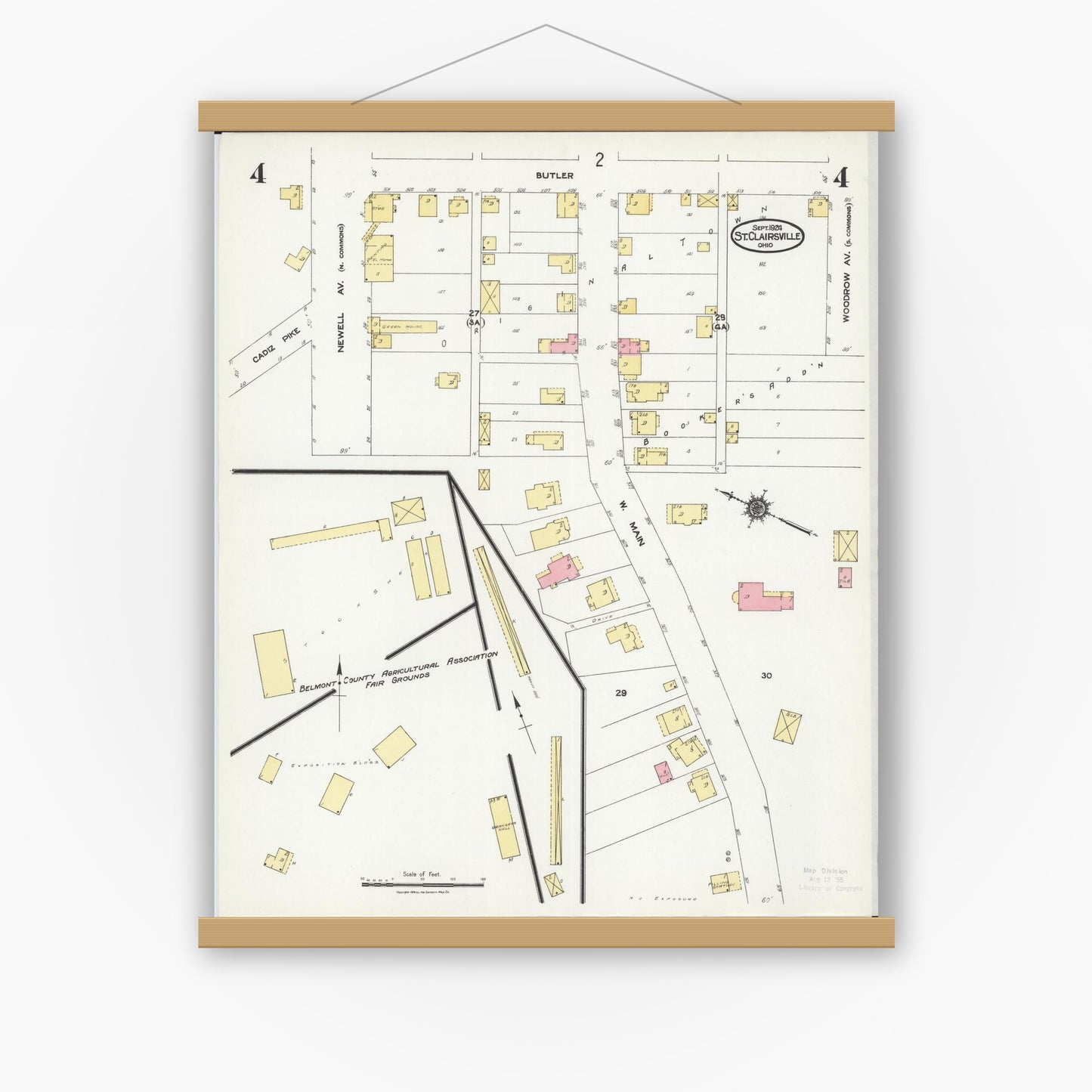 Old map wall art mockup — magnetic wood frame on white wall — Sanborn Fire Insurance Map from Saint Clairsville, Belmont County, Ohio (1924), Sheet #0004