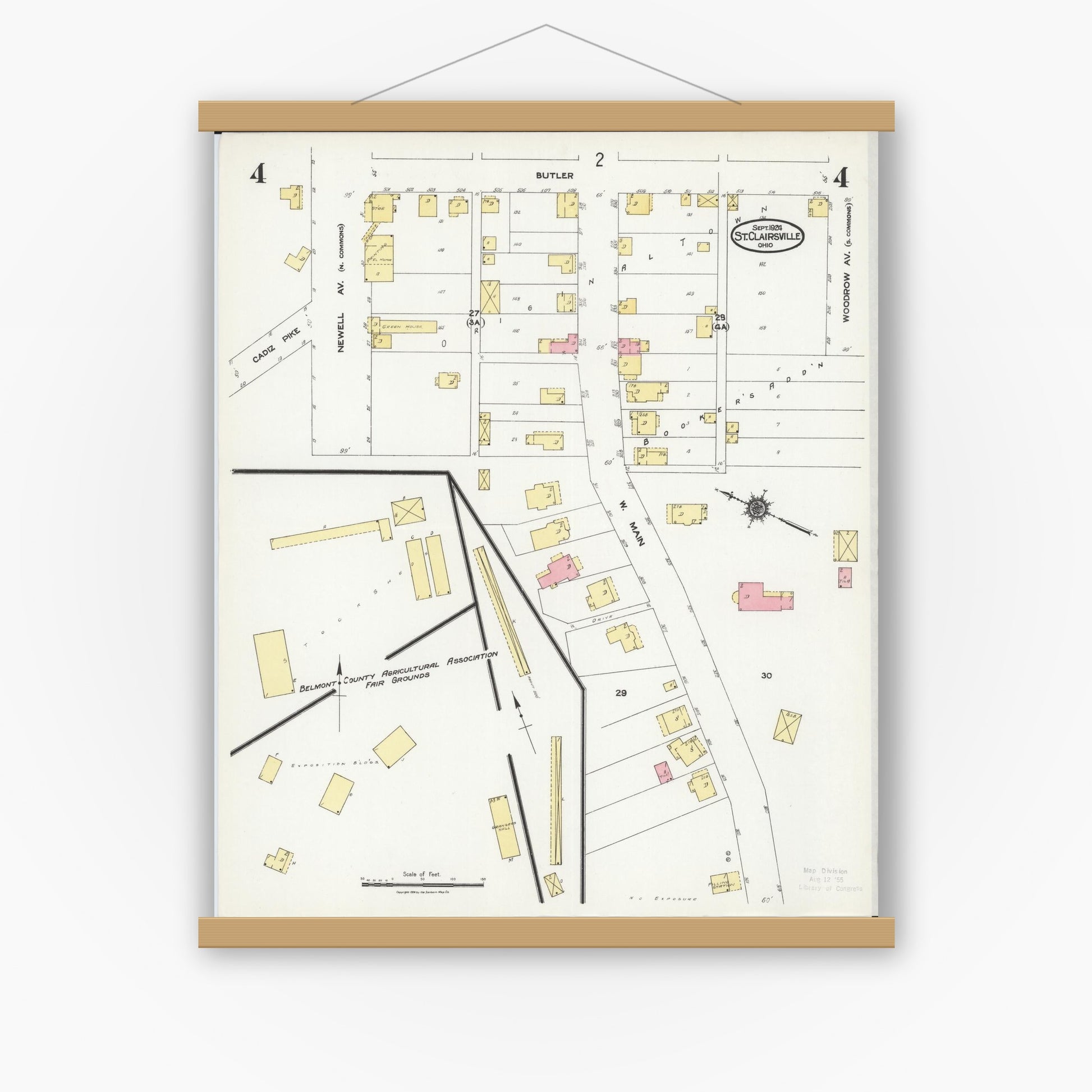 Old map wall art mockup — magnetic wood frame on white wall — Sanborn Fire Insurance Map from Saint Clairsville, Belmont County, Ohio (1924), Sheet #0004
