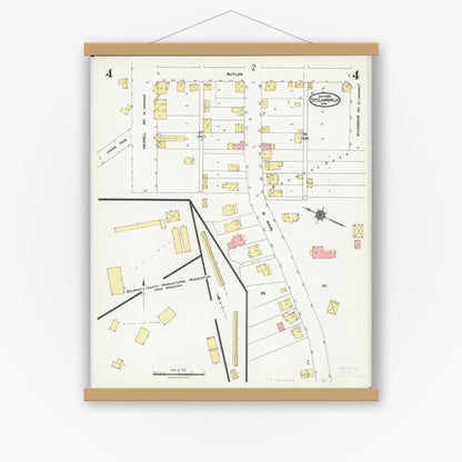 Old map wall art mockup — magnetic wood frame on white wall — Sanborn Fire Insurance Map from Saint Clairsville, Belmont County, Ohio (1924), Sheet #0004