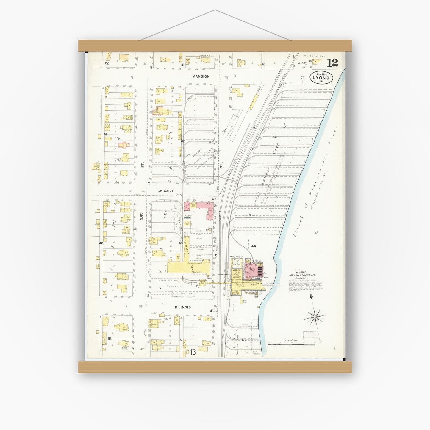 Old map wall art mockup — magnetic wood frame on white wall — Sanborn Fire Insurance Map from Lyons, Clinton County, Iowa (1902), Sheet #0012
