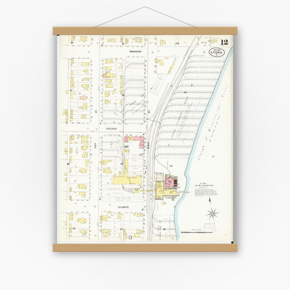 Old map wall art mockup — magnetic wood frame on white wall — Sanborn Fire Insurance Map from Lyons, Clinton County, Iowa (1902), Sheet #0012