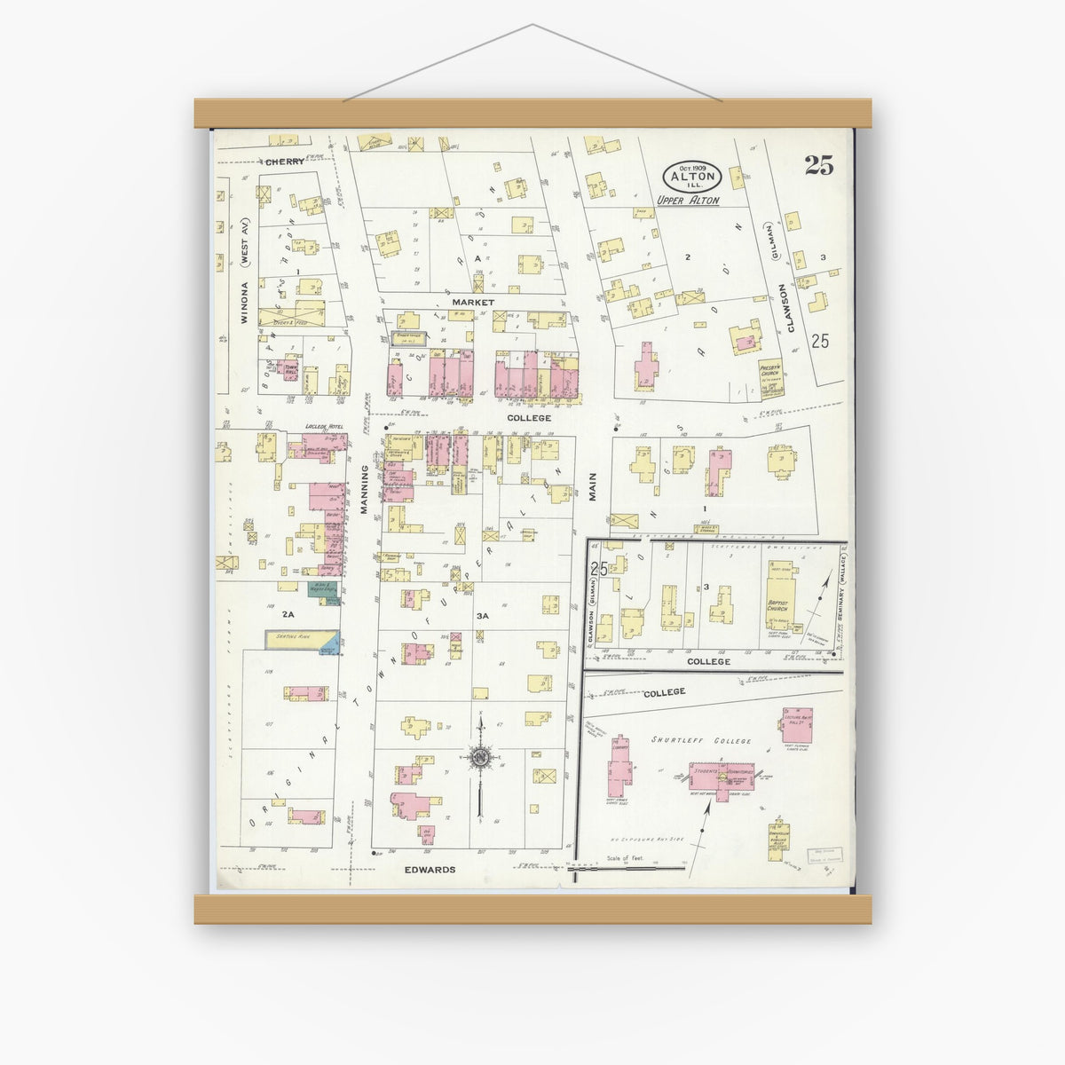 Old map wall art mockup — magnetic wood frame on white wall — Sanborn Fire Insurance Map from Alton, Madison County, Illinois (1909), Sheet #0025