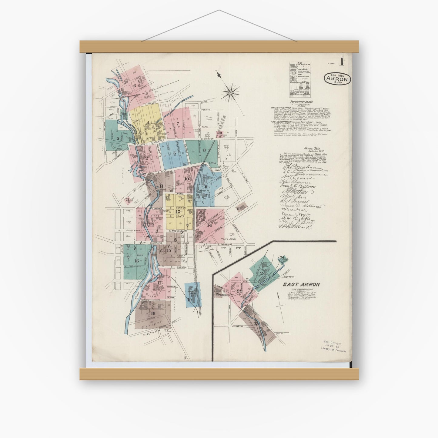Old map wall art mockup — magnetic wood frame on white wall — Sanborn Fire Insurance Map from Akron, Summit County, Ohio (1886) - Complete Map Set
