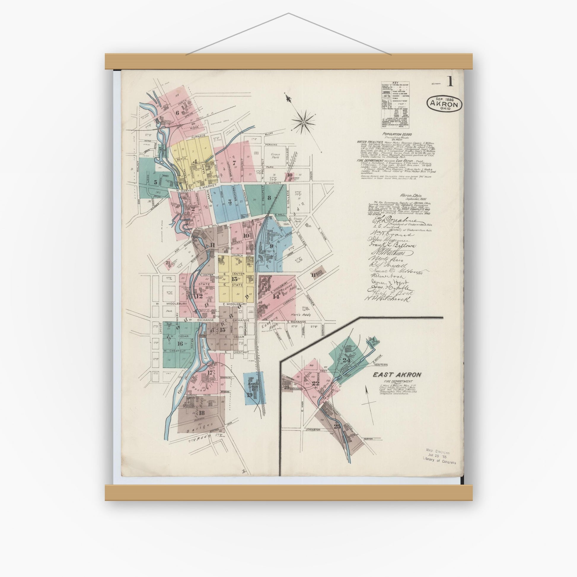Old map wall art mockup — magnetic wood frame on white wall — Sanborn Fire Insurance Map from Akron, Summit County, Ohio (1886) - Complete Map Set