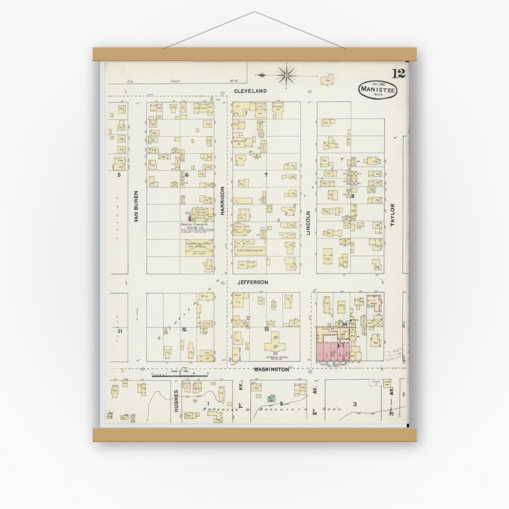 Old map wall art mockup — magnetic wood frame on white wall — Sanborn Fire Insurance Map from Manistee, Manistee County, Michigan (1890), Sheet #0012