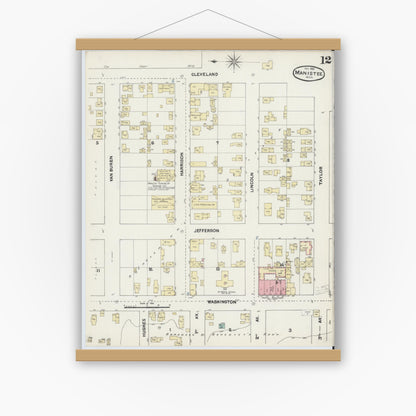 Old map wall art mockup — magnetic wood frame on white wall — Sanborn Fire Insurance Map from Manistee, Manistee County, Michigan (1890), Sheet #0012