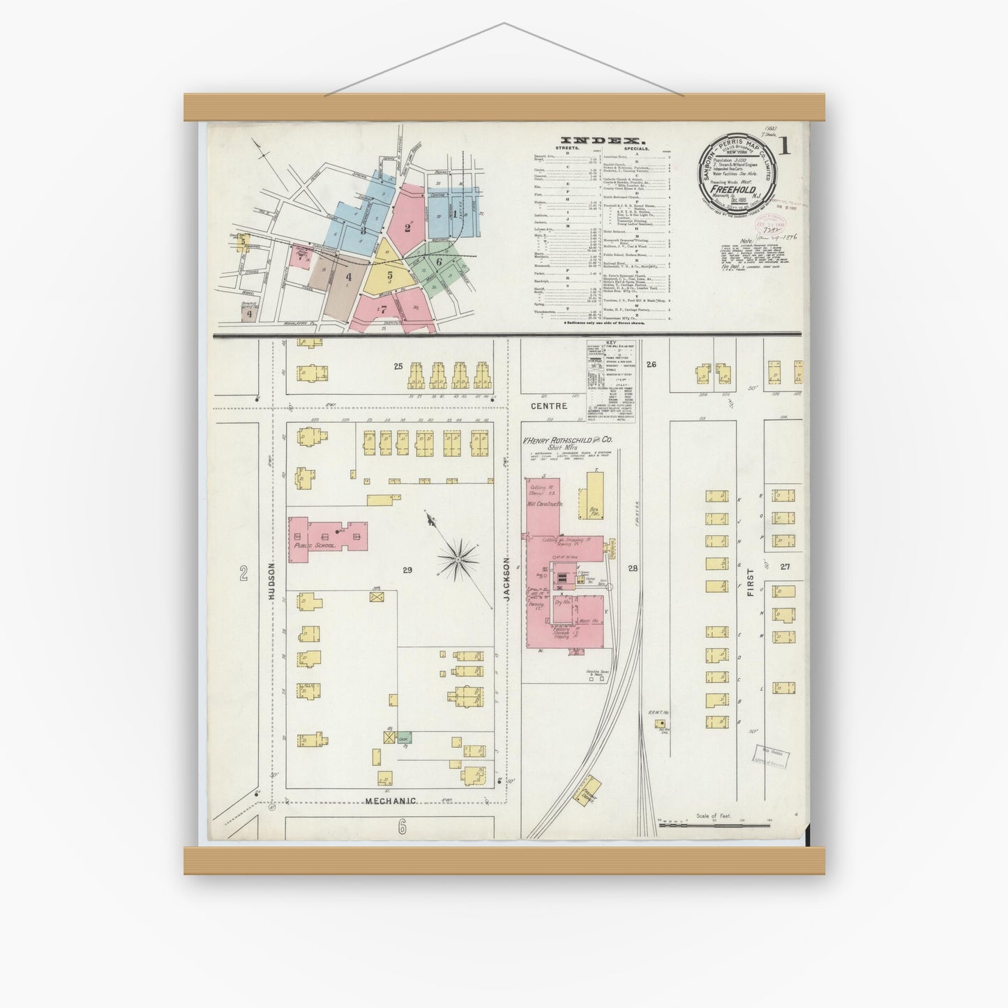 Old map wall art mockup — magnetic wood frame on white wall — Sanborn Fire Insurance Map from Freehold, Monmouth County, New Jersey (1895) - Complete Map Set