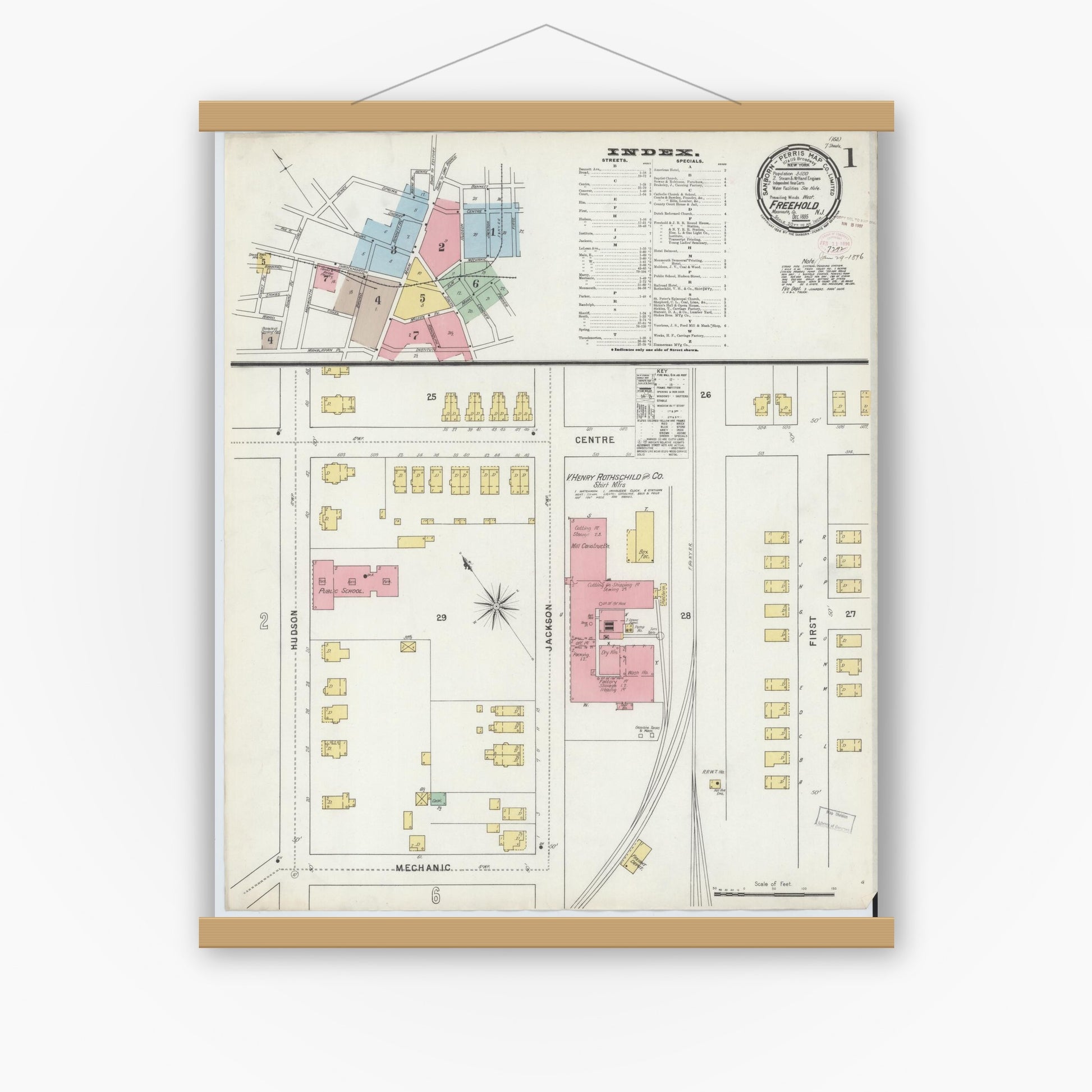 Old map wall art mockup — magnetic wood frame on white wall — Sanborn Fire Insurance Map from Freehold, Monmouth County, New Jersey (1895) - Complete Map Set