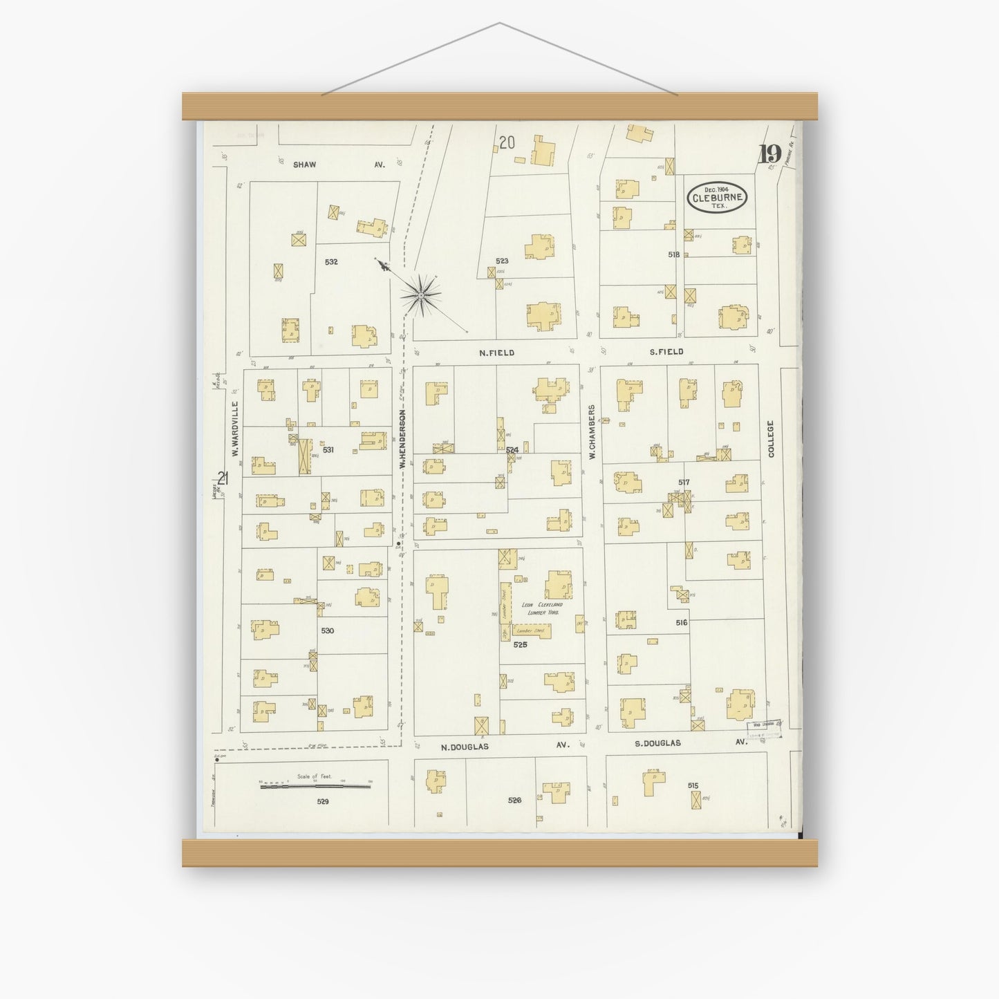 Old map wall art mockup — magnetic wood frame on white wall — Sanborn Fire Insurance Map from Cleburne, Johnson County, Texas (1904), Sheet #0019