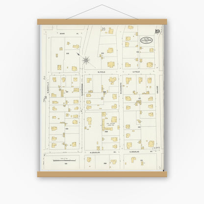 Old map wall art mockup — magnetic wood frame on white wall — Sanborn Fire Insurance Map from Cleburne, Johnson County, Texas (1904), Sheet #0019