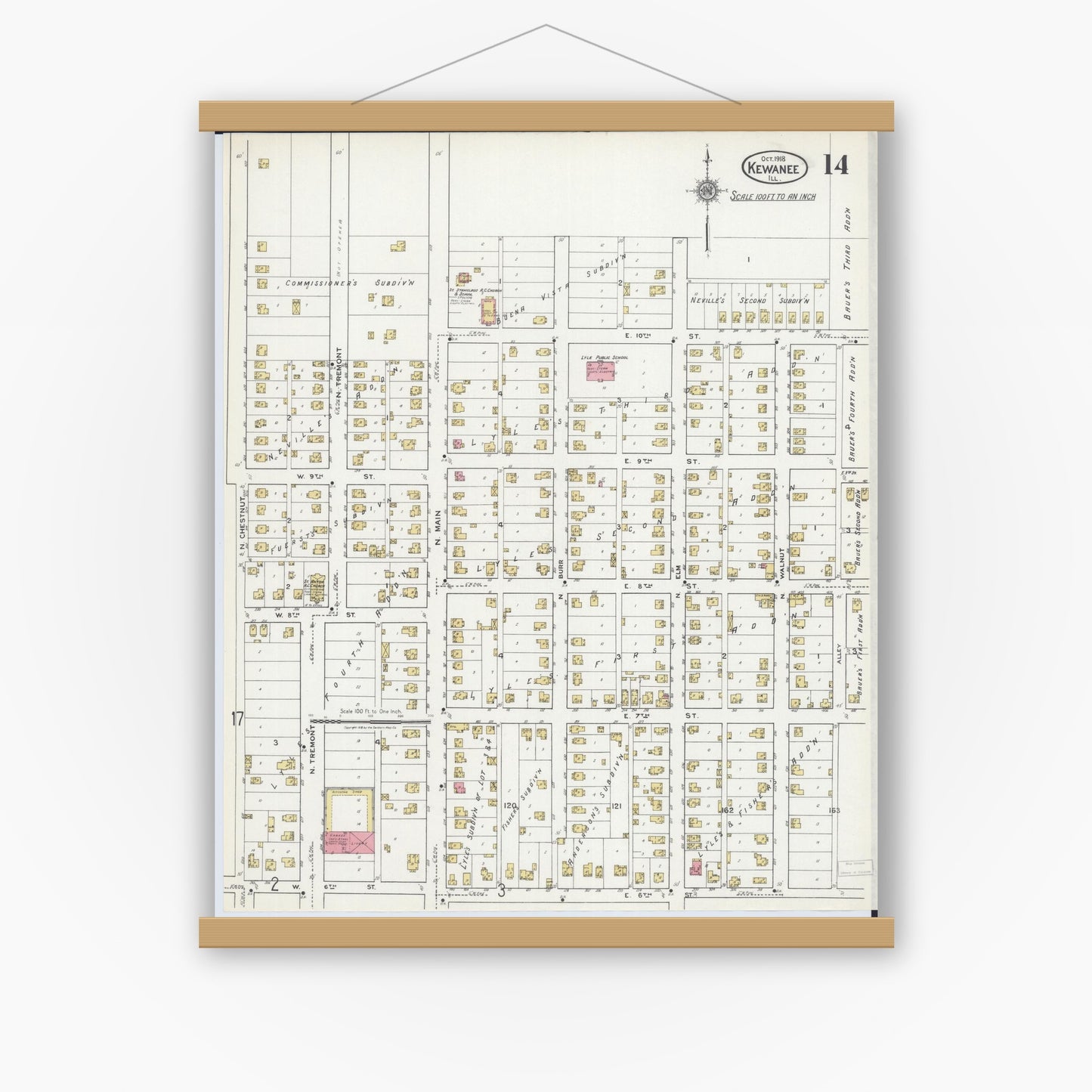 Old map wall art mockup — magnetic wood frame on white wall — Sanborn Fire Insurance Map from Kewanee, Henry County, Illinois (1918), Sheet #0014