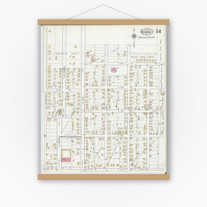 Old map wall art mockup — magnetic wood frame on white wall — Sanborn Fire Insurance Map from Kewanee, Henry County, Illinois (1918), Sheet #0014