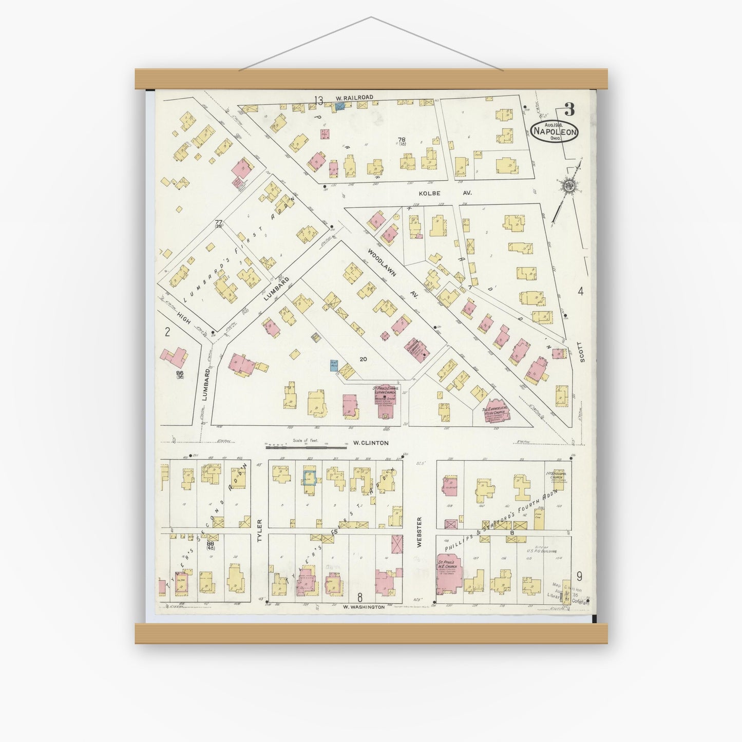 Old map wall art mockup — magnetic wood frame on white wall — Sanborn Fire Insurance Map from Napoleon, Henry County, Ohio (1916), Sheet #0003