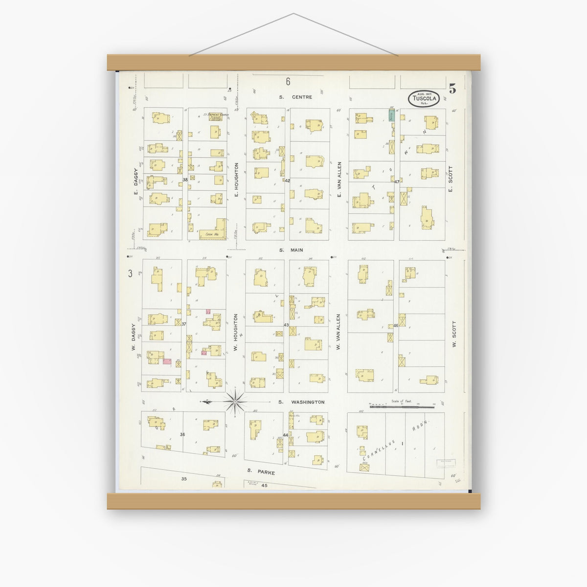 Old map wall art mockup — magnetic wood frame on white wall — Sanborn Fire Insurance Map from Tuscola, Douglas County, Illinois (1907), Sheet #0005