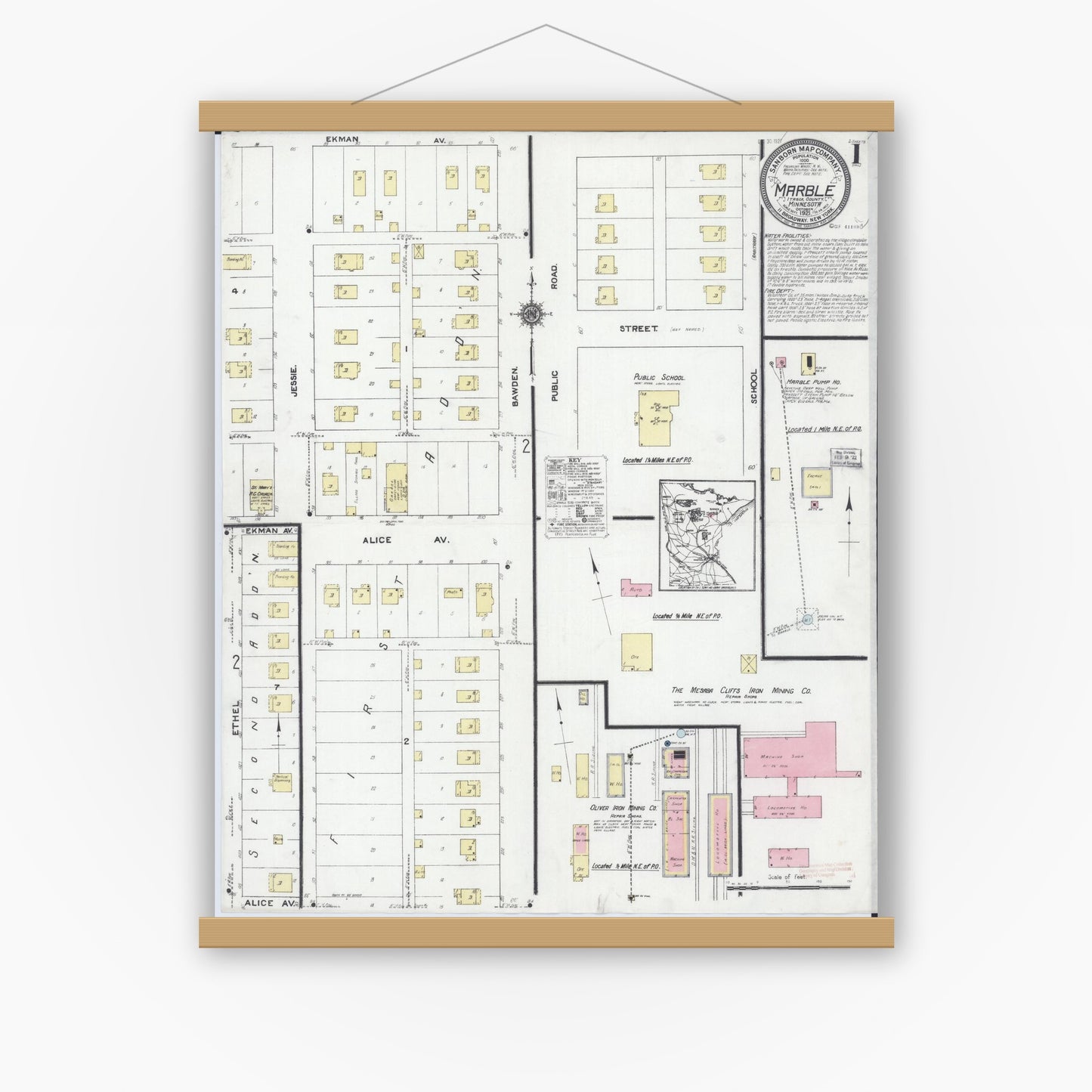 Old map wall art mockup — magnetic wood frame on white wall — Sanborn Fire Insurance Map from Marble, Itasca County, Minnesota (1921), Sheet #0001